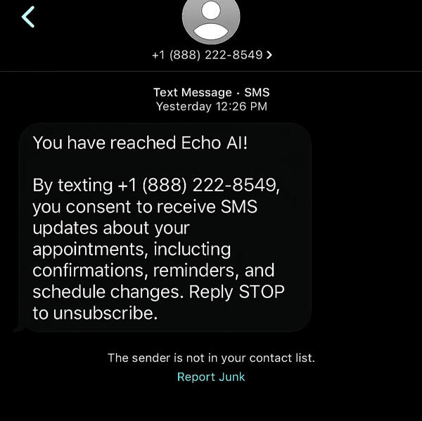 Example SMS conversation: customer texts Hello and Echo AI confirms SMS consent for appointment reminders and booking, with STOP and HELP instructions.